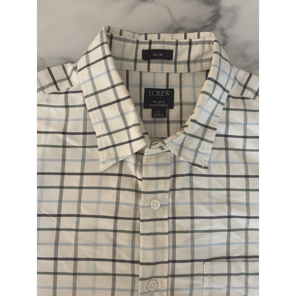 J Crew Flex Oxford Shirt Mens L Slim Fit Blue Plaid Casual Button Down Classic